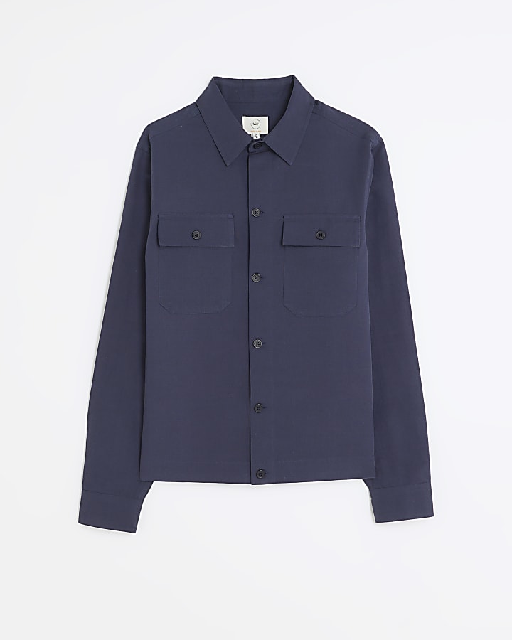 Navy regular fit linen blend overshirt