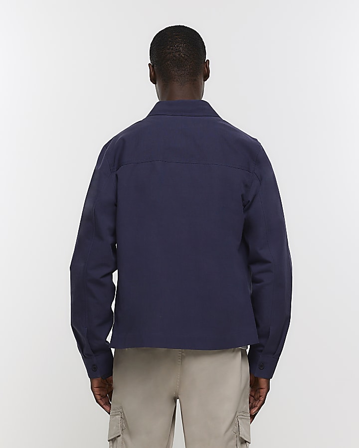 Navy regular fit linen blend overshirt