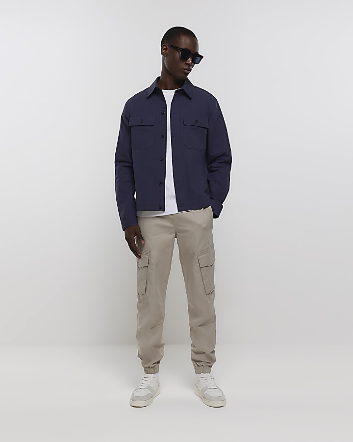 Navy regular fit linen blend overshirt