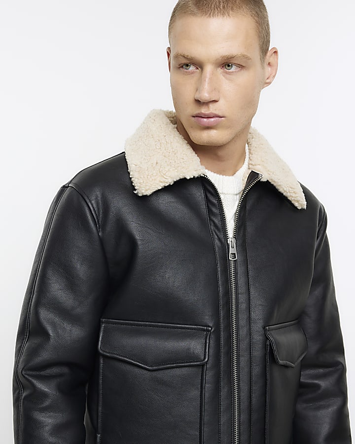 Black regular fit faux leather aviator jacket