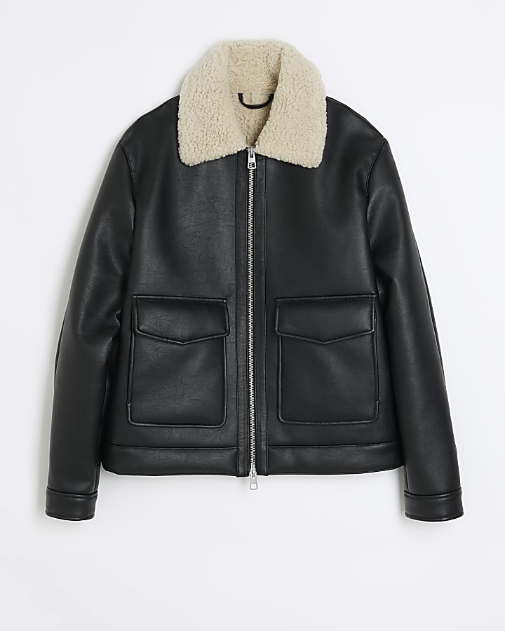 Black regular fit faux leather aviator jacket