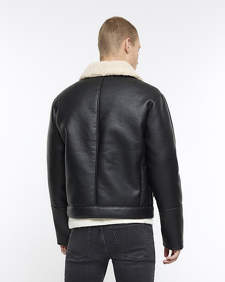 Black regular fit faux leather aviator jacket