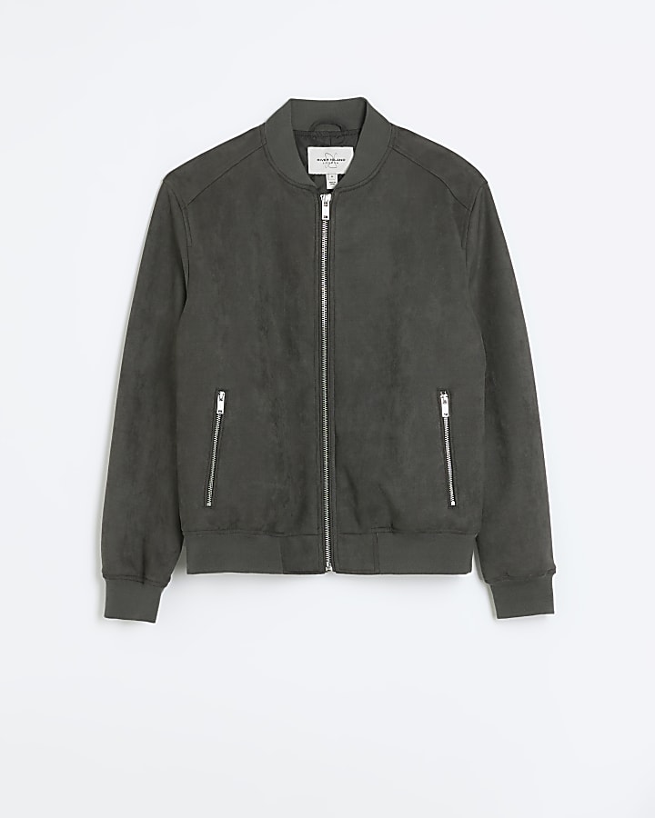 Dark green regular fit suedette bomber jacket