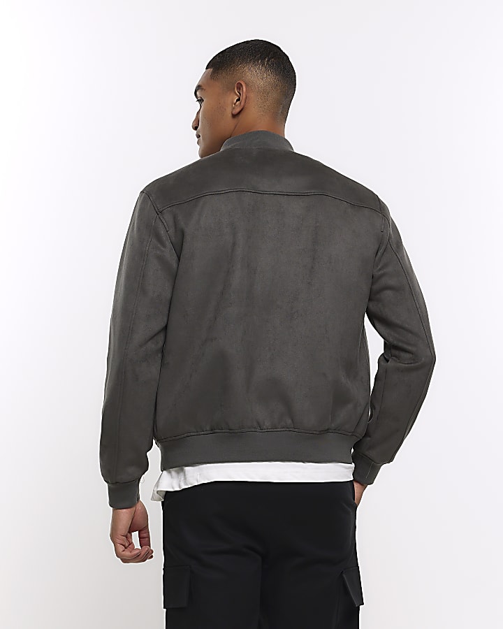 Dark green regular fit suedette bomber jacket