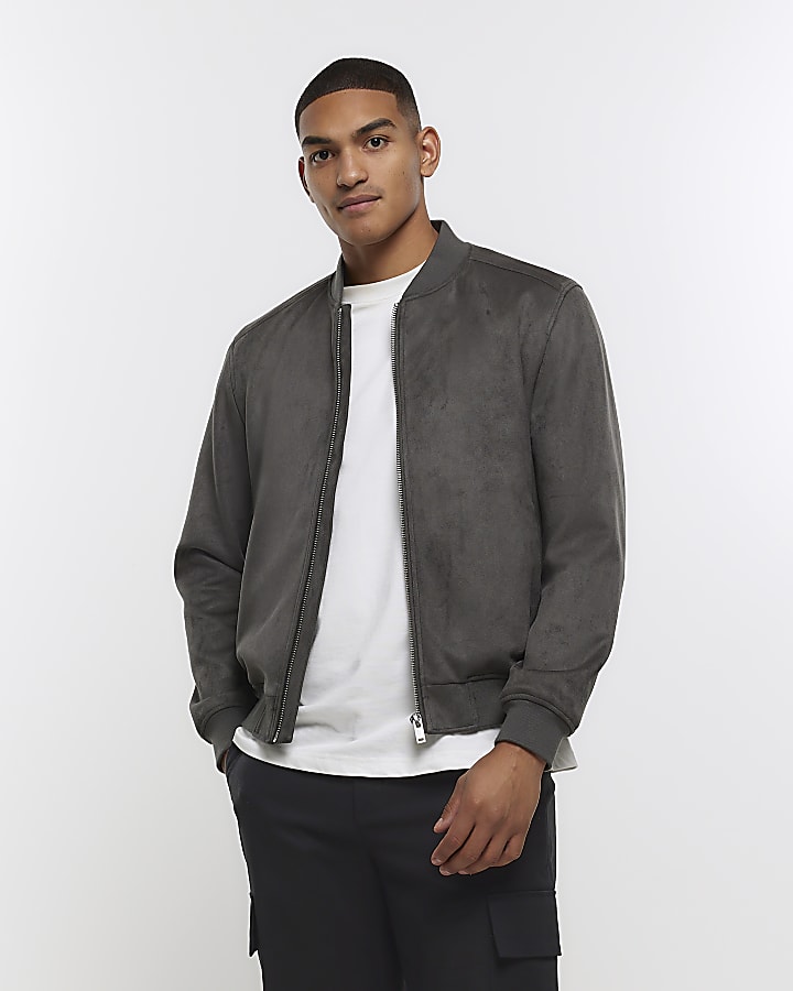 Dark green regular fit suedette bomber jacket