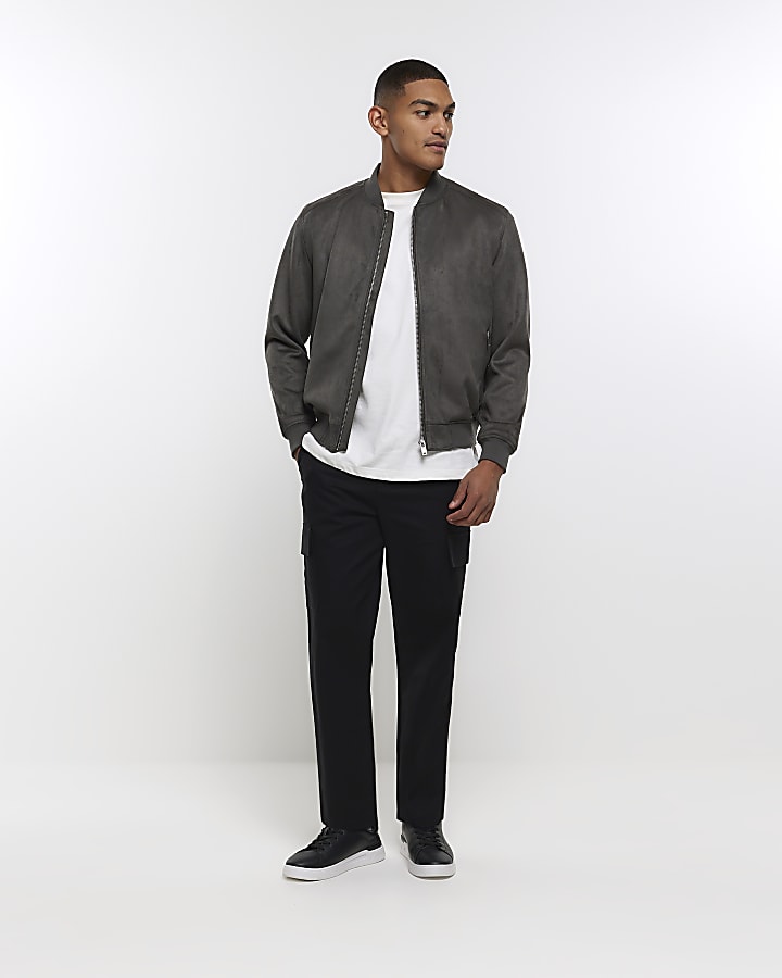 Dark green regular fit suedette bomber jacket