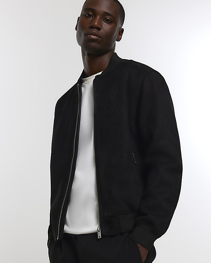 Black regular fit suedette bomber jacket