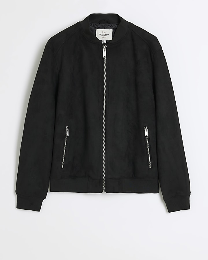 Black regular fit suedette bomber jacket