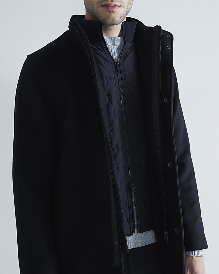 Black regular fit wool blend coat