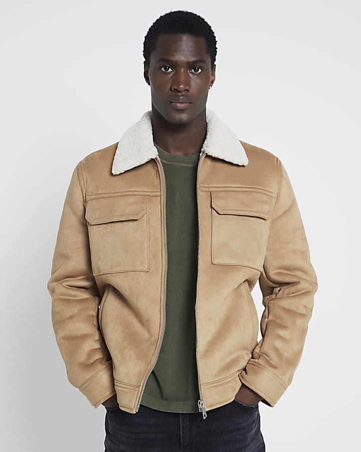 Brown regular fit shearling western jacket