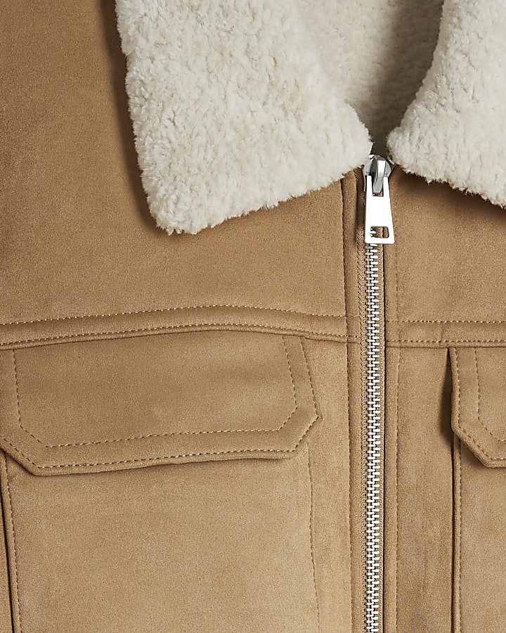 Brown regular fit shearling western jacket