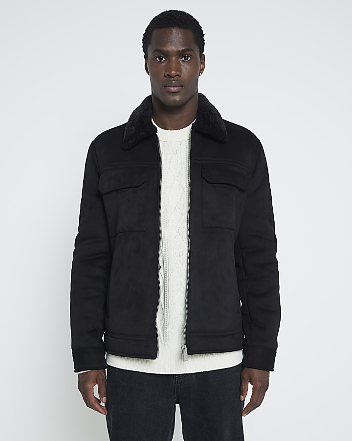 Black regular fit shearling western jacket