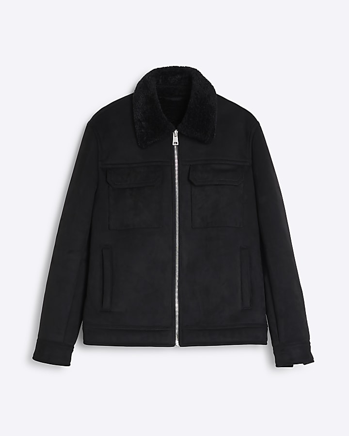 Black regular fit shearling western jacket