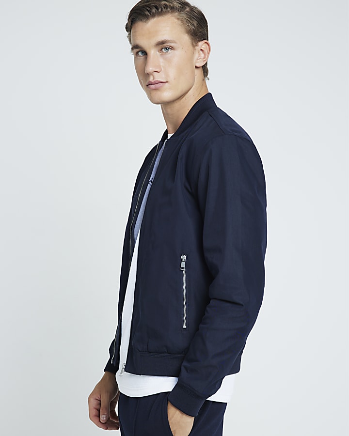 Navy regular fit zip up bomber jacket