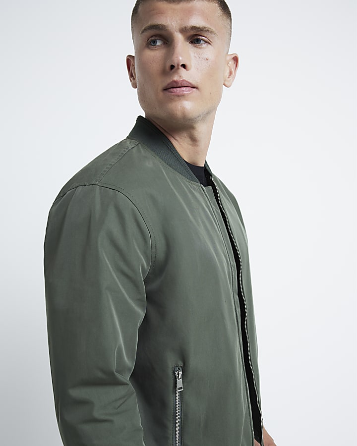 Green regular fit zip up bomber jacket