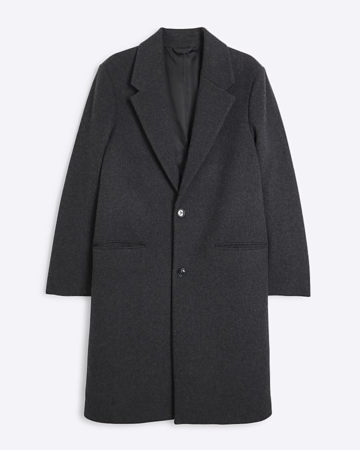 Grey regular fit wool blend longline coat