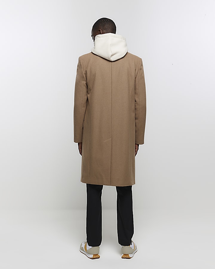 Brown regular fit wool blend longline coat