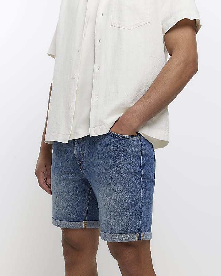 Blue slim fit faded denim shorts