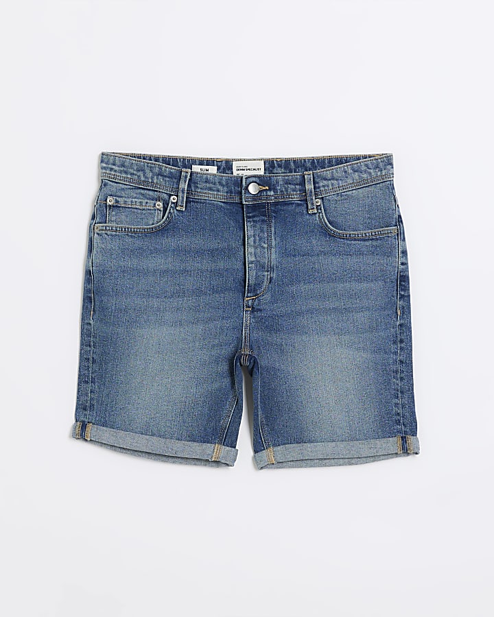 Blue slim fit faded denim shorts