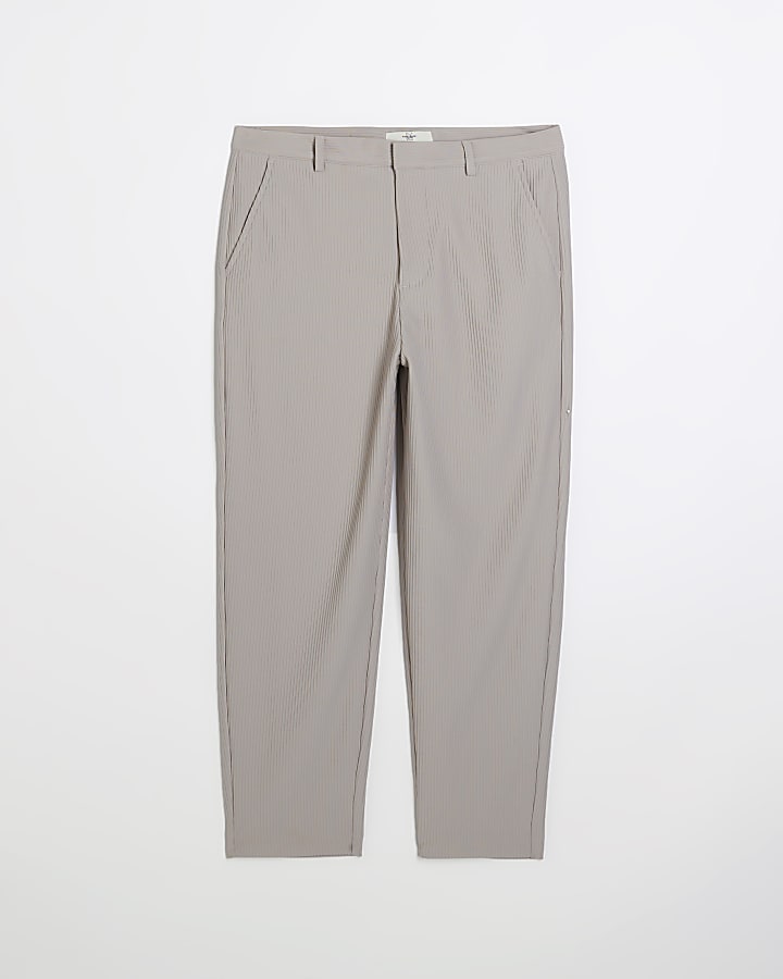 Beige tapered fit plisse smart trousers