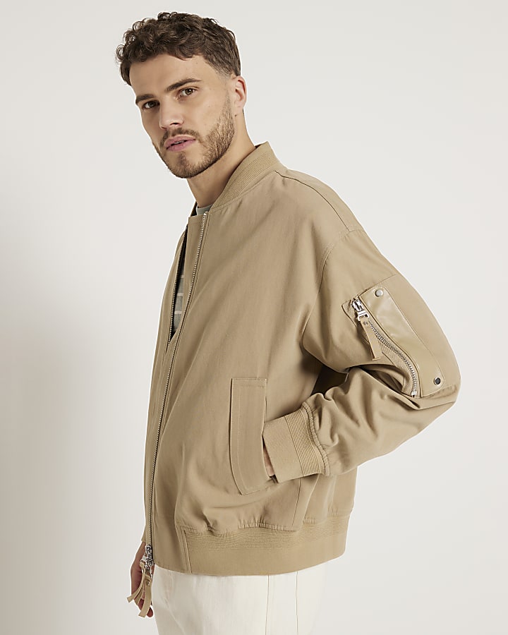 Beige regular fit canvas bomber jacket