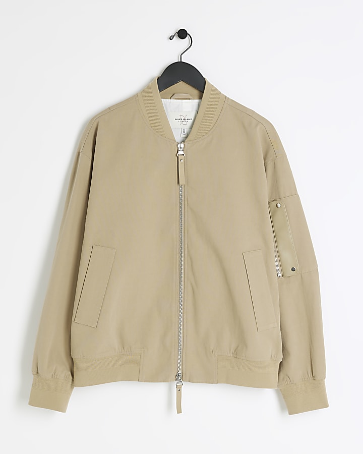 Beige regular fit canvas bomber jacket