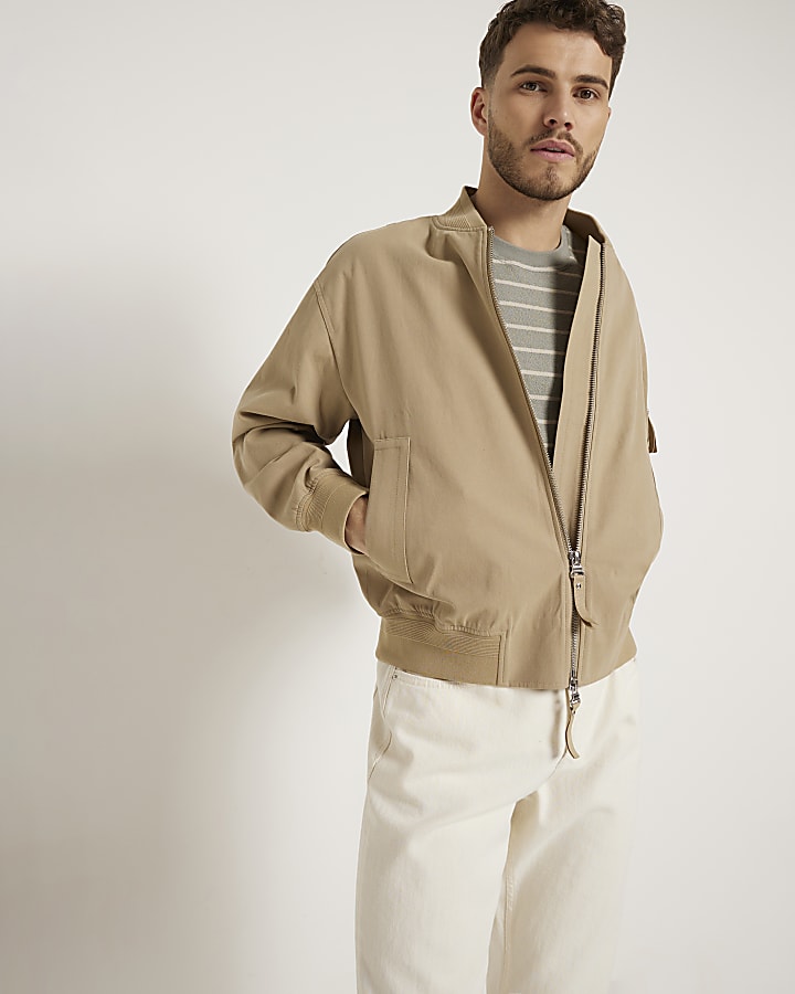 Beige regular fit canvas bomber jacket