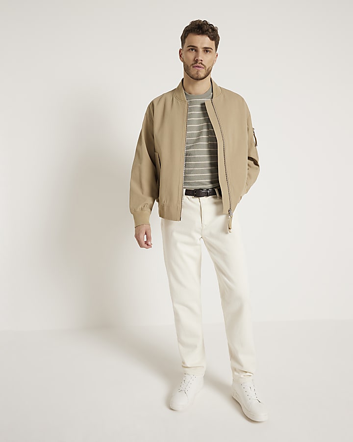 Beige regular fit canvas bomber jacket