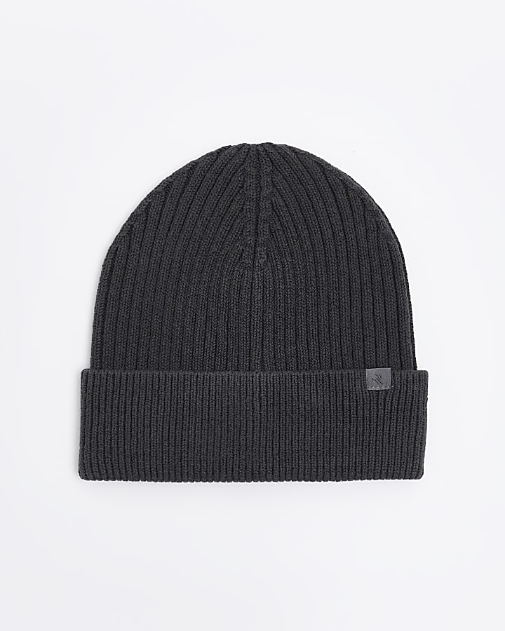 Dark grey rib beanie River Island