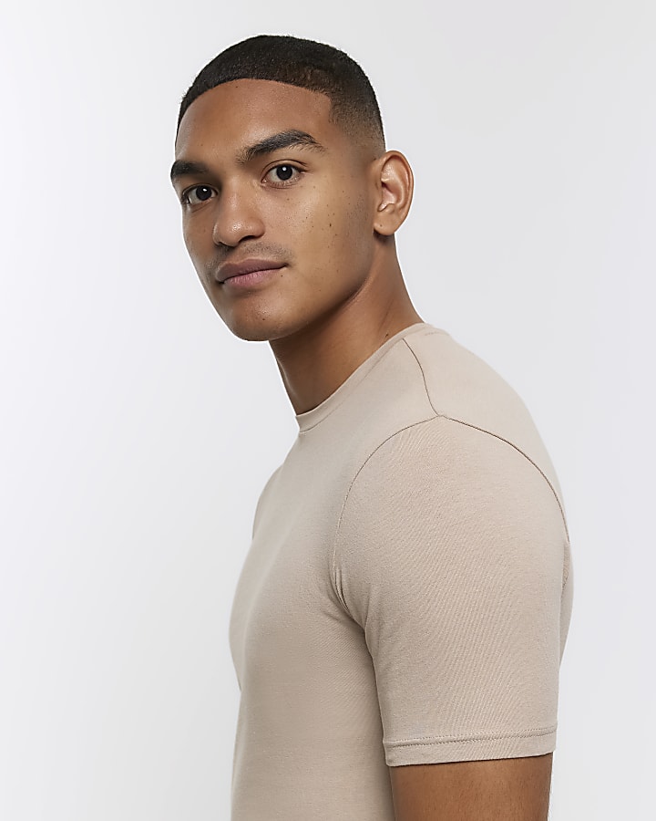 Beige muscle fit stretch t-shirt