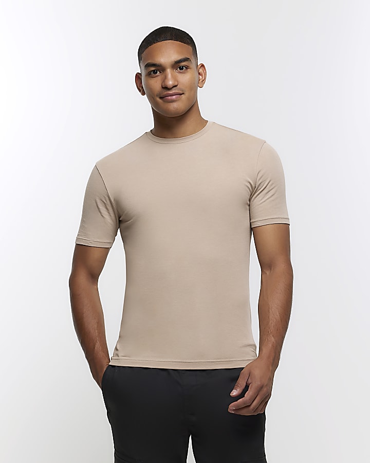 Beige muscle fit stretch t-shirt