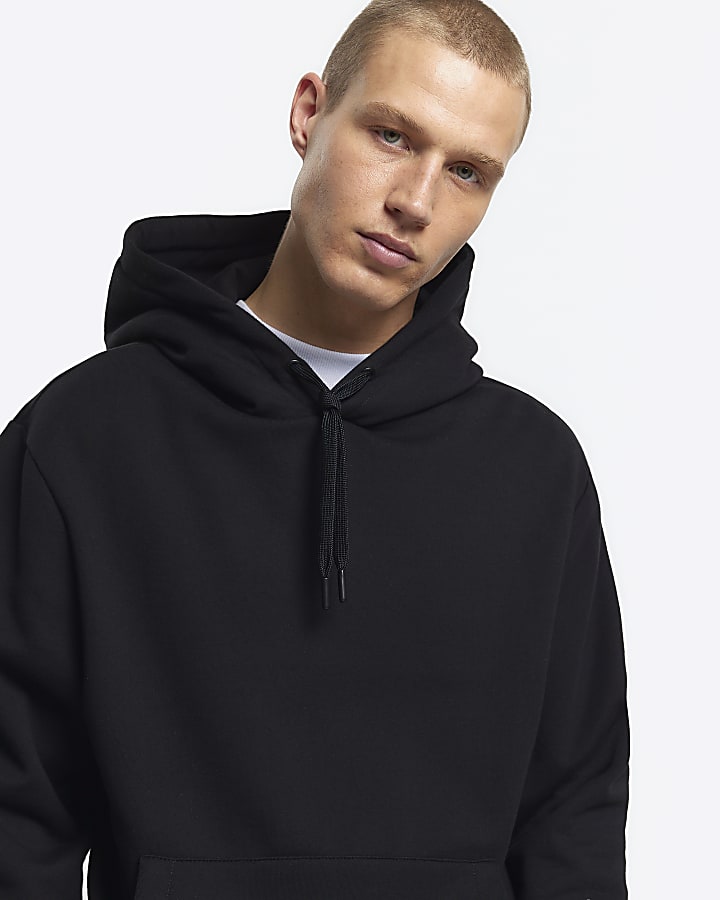 Black regular fit plain hoodie