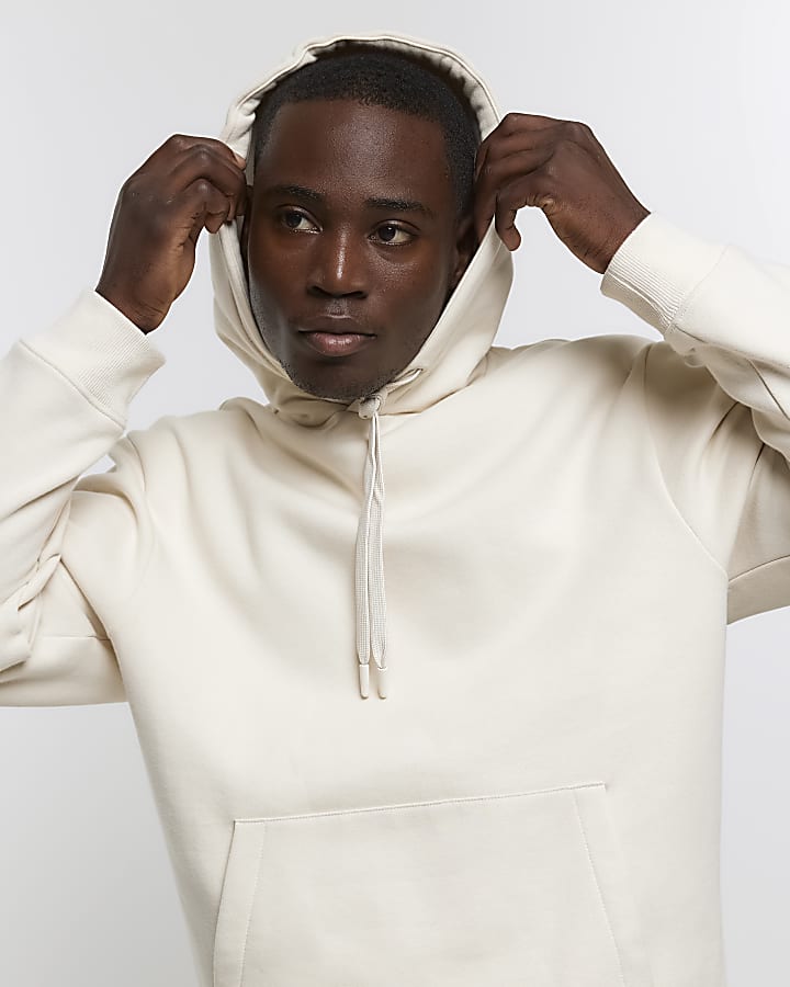 Beige regular fit plain hoodie