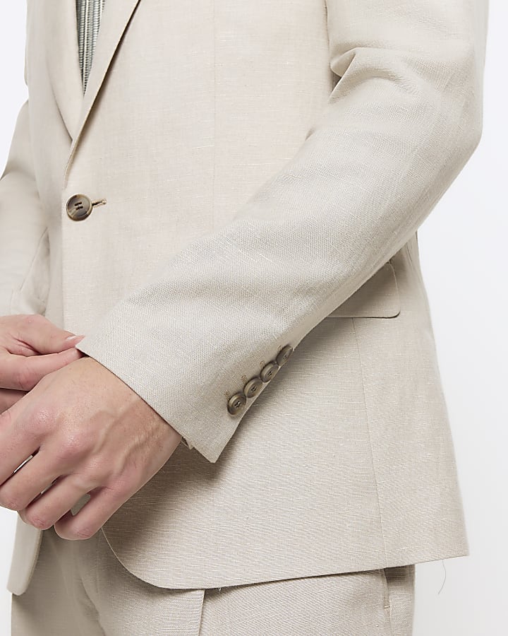 Beige slim fit linen blend suit jacket