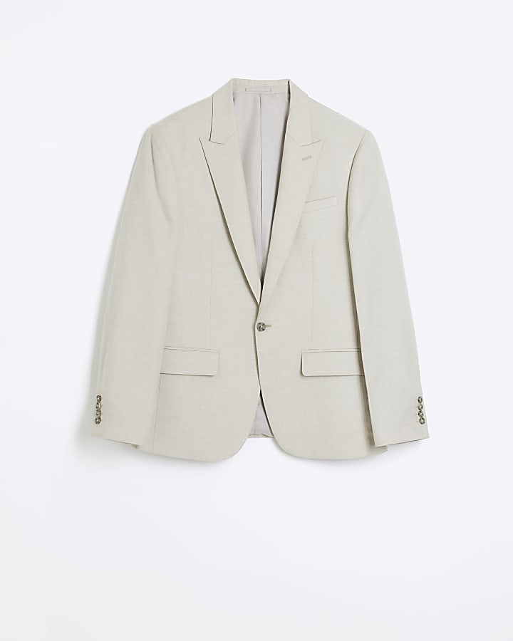 Beige slim fit linen blend suit jacket