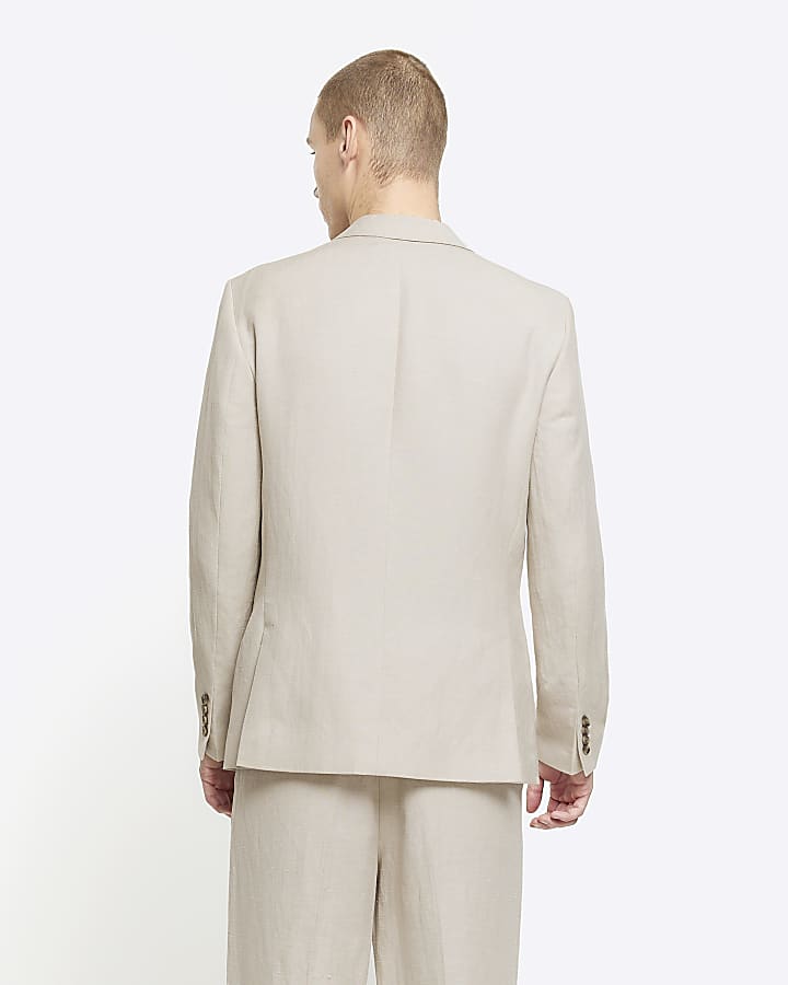 Beige slim fit linen blend suit jacket