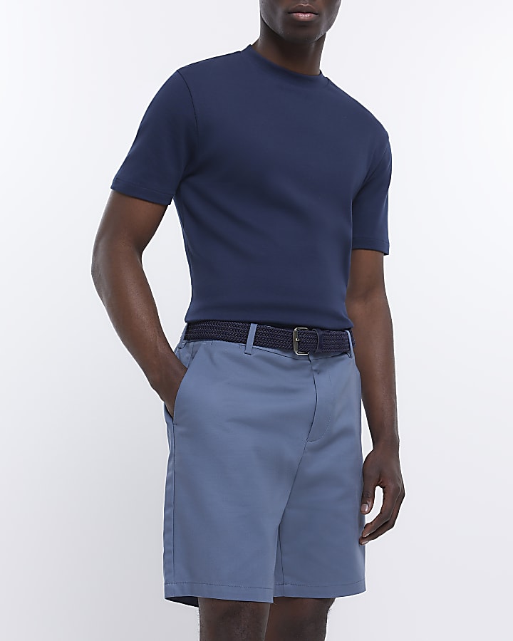 Blue regular fit belted chino shorts