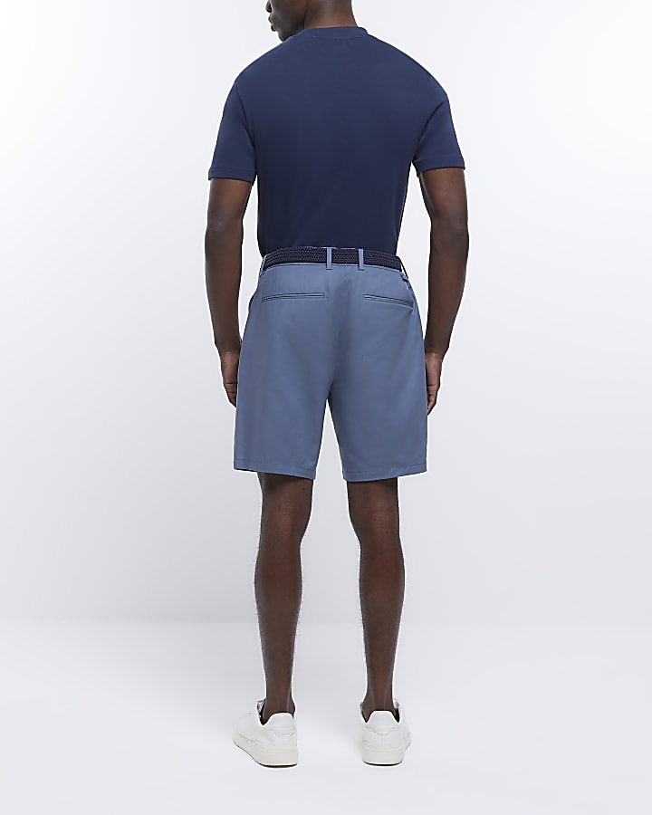 Blue regular fit belted chino shorts