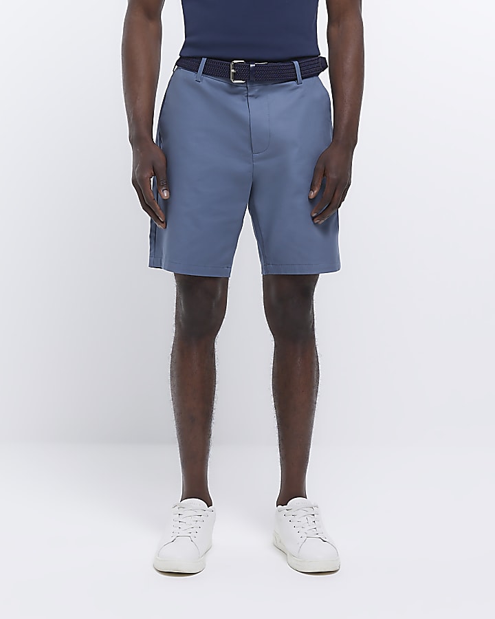 Blue regular fit belted chino shorts