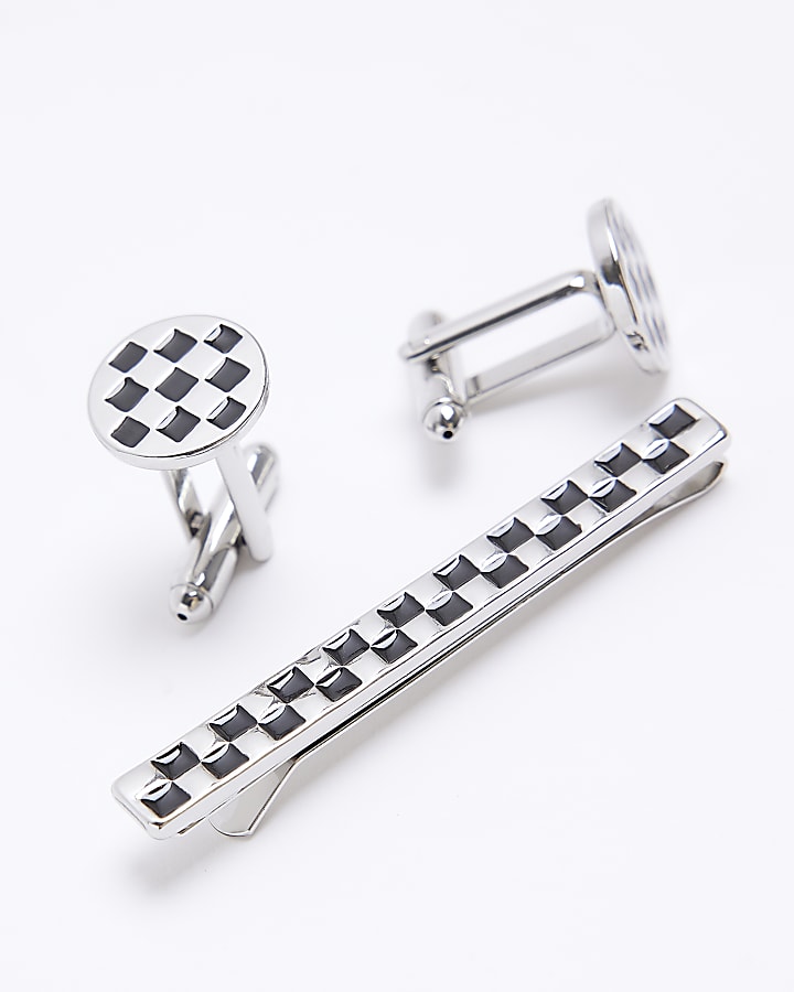 Black checkerboard tie clip set