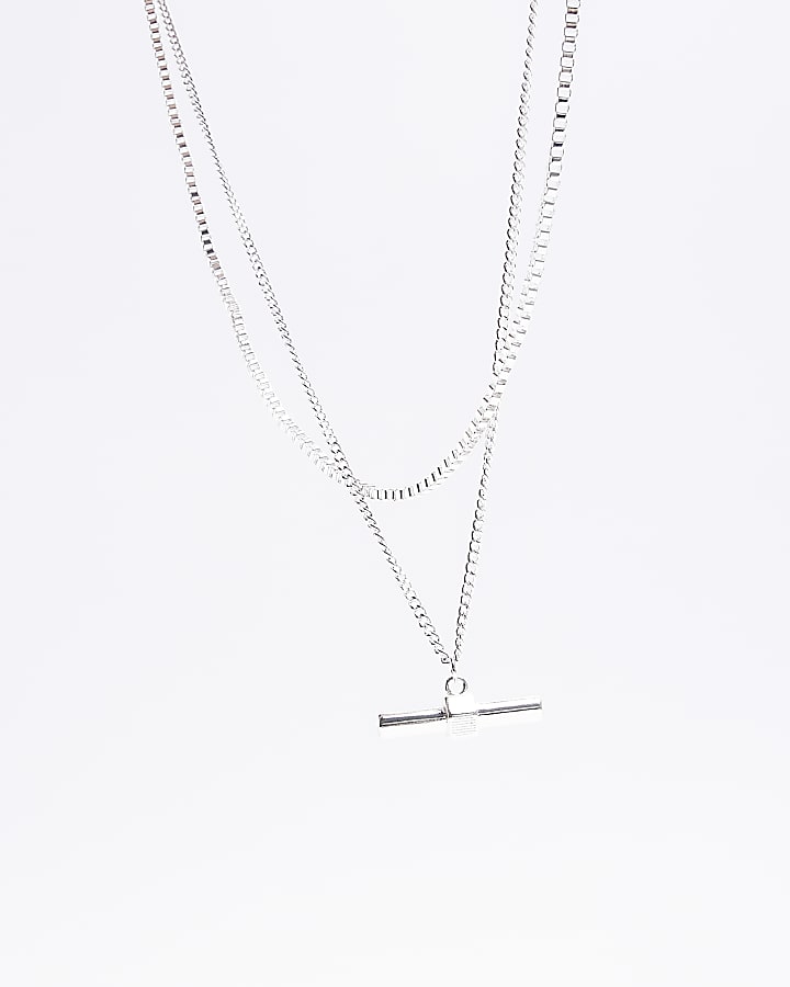 Silver plated bar pendant multirow necklace