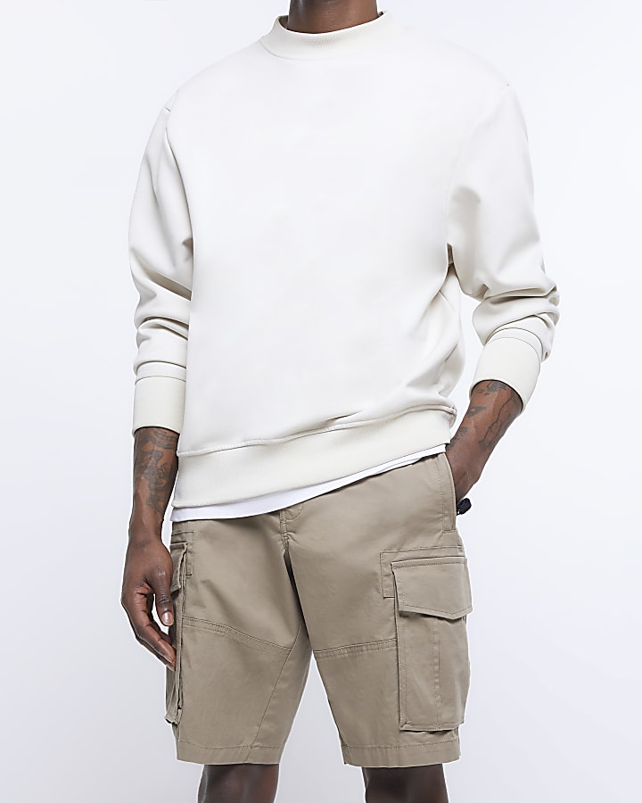 Beige regular fit utility cargo shorts