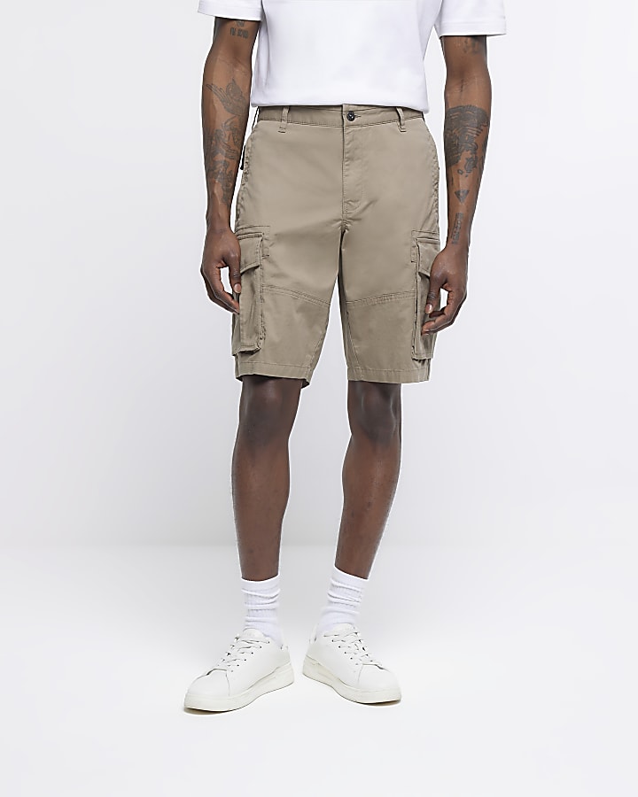 Beige regular fit utility cargo shorts