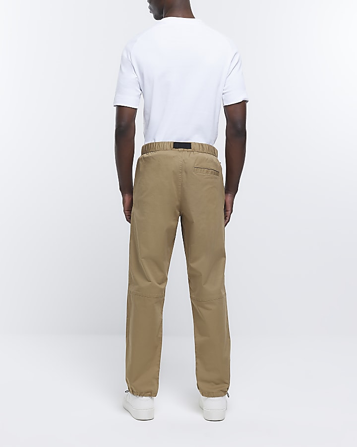 Brown regular fit belted cargo joggers