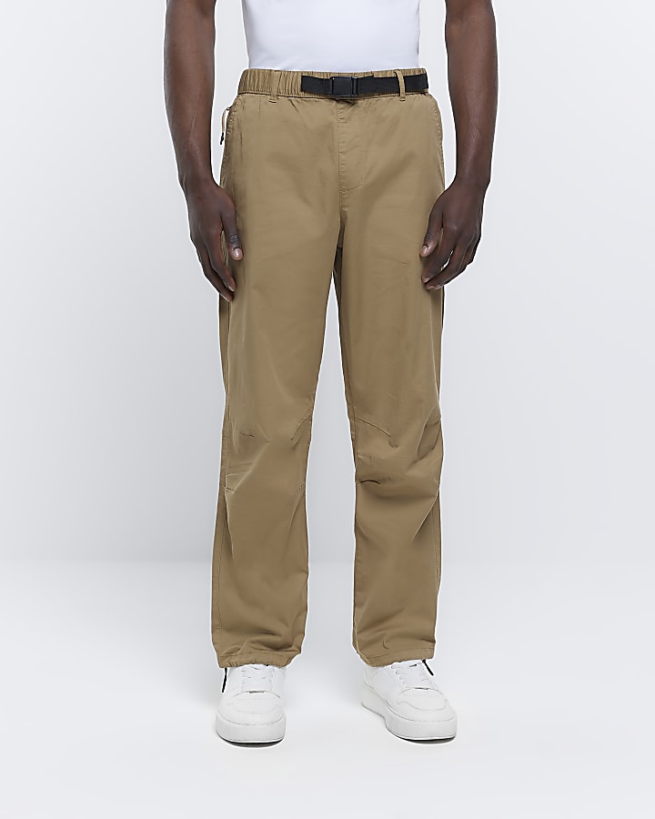 Brown regular fit belted cargo joggers