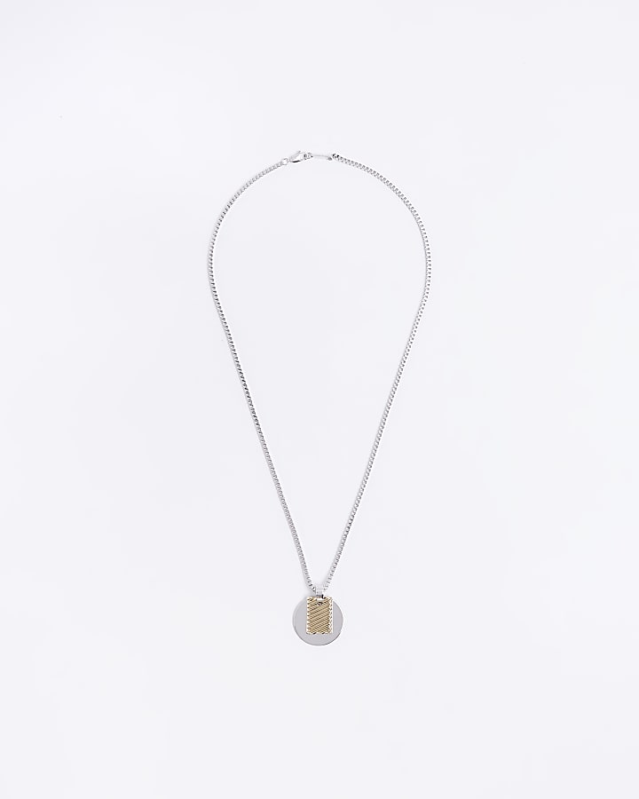 Silver colour tag and disc necklace