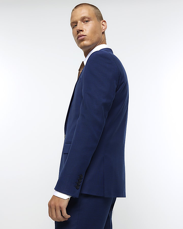 Blue slim fit single breasted suit jacket