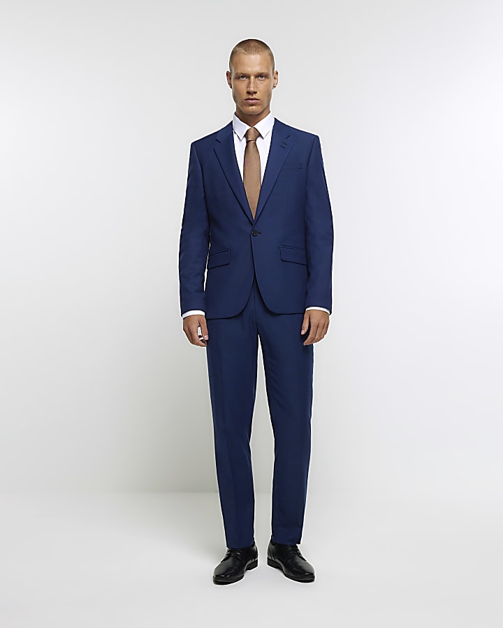 Blue slim fit single breasted suit jacket