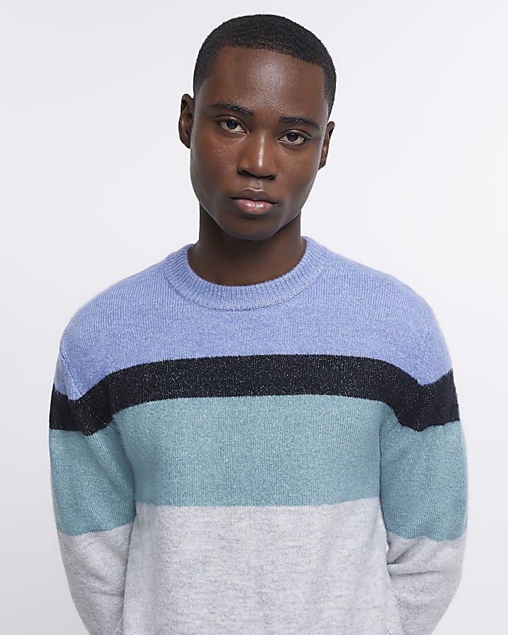 Blue slim fit striped soft touch jumper