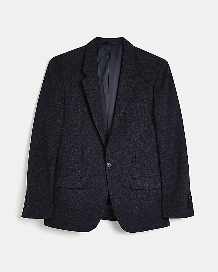 Navy slim fit textured suit jacket